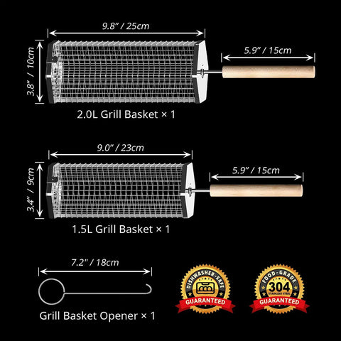Image showing two sizes of Rolling Grill Basket With Removable Beech Wood Handle 304 Stainless Steel Construction Nesting Grill Gear with dimensions.