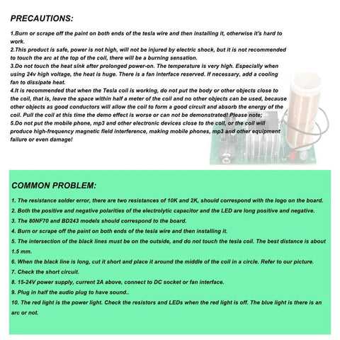 Mini 15W Tesla Coil Kit For DIY Electronics and Music user guide with precautions and common problems displayed on product manual page.