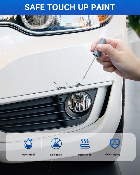 Hand applying Exact Match Touch Up Paint Pen For Chevy GMC Buick And Cadillac Ice, Quick Silver, Switchblade Metallic Colors Easy Scratch Repair Color Match Pen For Quick Fix And Car Scratch Repair on white car scratch
