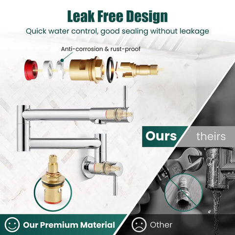 19 Inch Wall Mount Pot Filler Faucet With Folding Stretchable Swing Arm, focus on leak-free design and material comparison.
