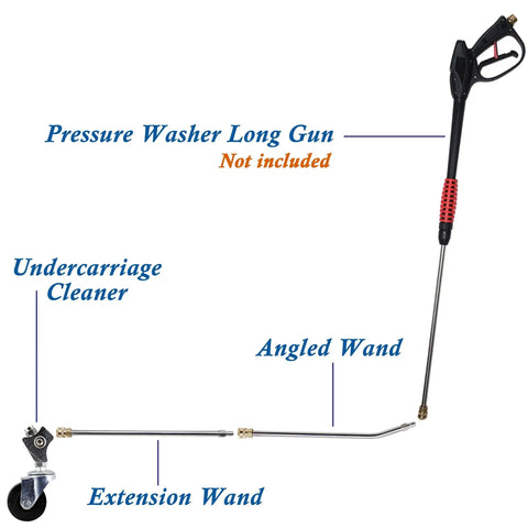 Diagram of Beefy 13 Inch Undercarriage Cleaner For Pressure Washers with angled wand and labeled parts, gun not included.