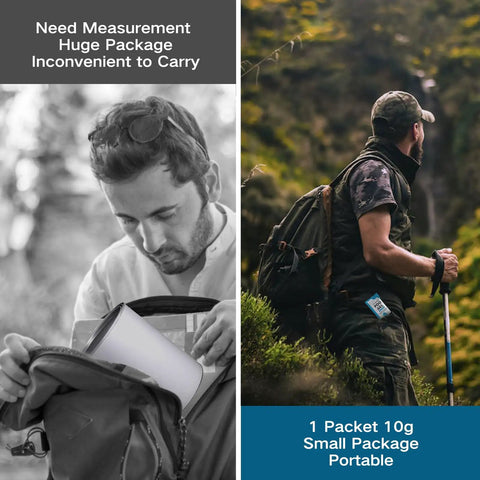 Comparison of large package inconvenience next to a hiker with Portable Toilet Absorbent Gel And Urine Powder For Camping 25 Packets