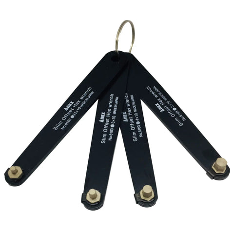 Ultra Low Profile Hex Drive Handle Four Piece Set Includes Two Point Five Millimeter Three Millimeter Four Millimeter Five Millimeter Hex Heads Four Point Three Inch Length Chrome Finish Carbon Steel Grip Precision Tool For Tight Spaces And Fine Hardware displayed on a ring.