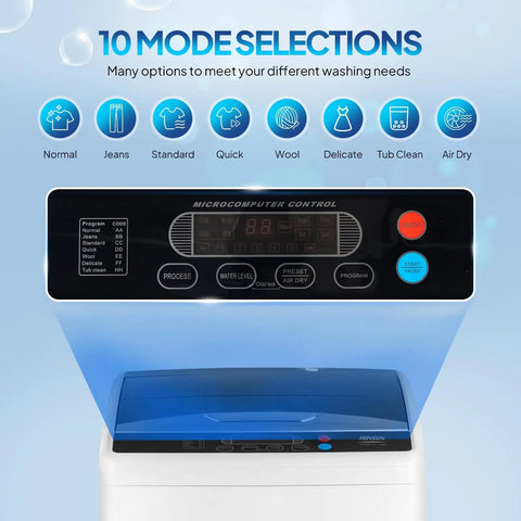 Control panel of Portable Washing Machine 25LB Fully Automatic Washer Spin Dryer Combo with 10 mode selections for washing.