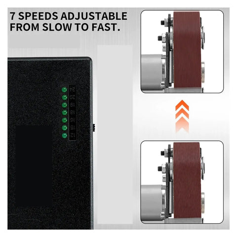 Mini Electric Belt Sander For DIY Polishing And Grinding showing adjustable speed settings for various sanding tasks.