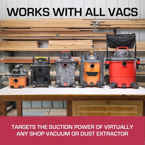 Five shop vacuums aligned on a workbench with the text 'Works with All Vacs' above them, in a workshop setting.
