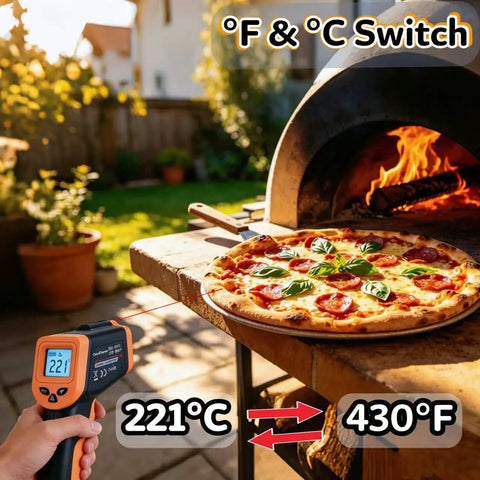 Infrared Temperature Gun For Cooking, Fast Non-Contact Thermometer With Wide -58 To 1022 F Range, Switchable Fahrenheit And Celsius, Ideal For Grilling, BBQ, Smoking, Candy Making And Roasting. Used near pizza oven at 221°C/430°F