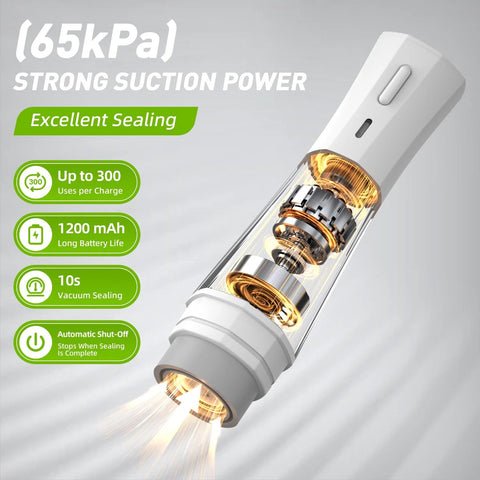 White handheld vacuum sealer with transparent chamber and visible internal gears for food storage.