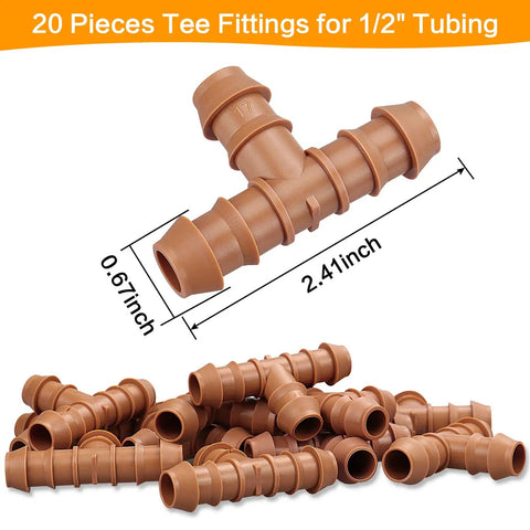 20 Piece Drip Irrigation Tee Fittings for 1/2 Inch Tubing Barbed 3 Way Connectors 0.600 Inch ID displayed with dimensions.