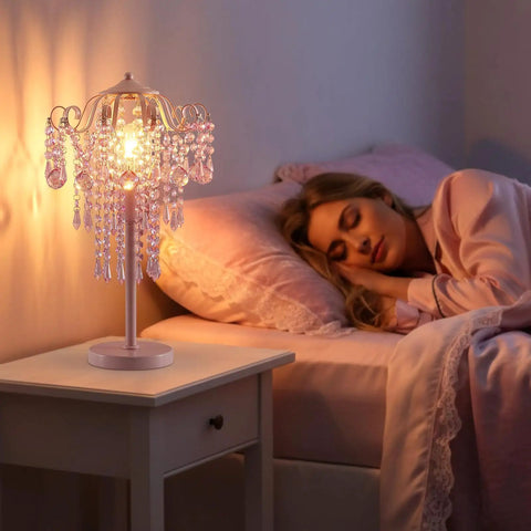 Dope Modern Table Lamp With Chrome Metal And Clear Crystal Shade for bedroom nightstand, lit next to sleeping woman