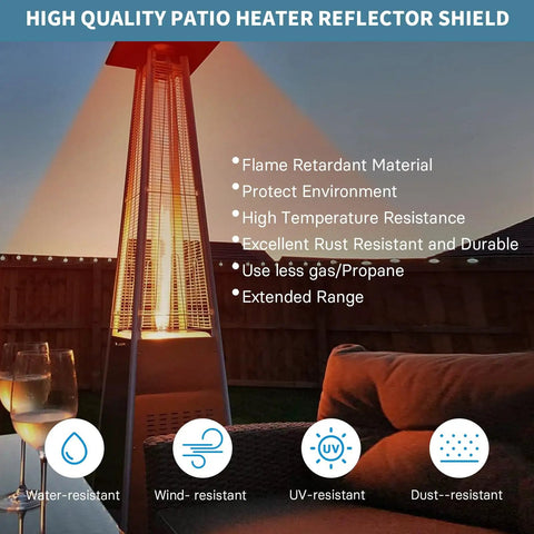 Heat Reflector Shield For Glass Tube Heater 4 Sided Pyramid Patio Heater Replacement Top Easy Install Eighteen And A Half Inches Square With Three Pre Drilled Holes Spaced Two And Three Quarters Inches Fits Most 4 Sided Glass Tube Patio Heaters on outdoor patio