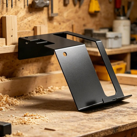 Heavy Duty Circular Saw Rack And Tool Organizer, rust resistant steel holder mounted on workbench in workshop
