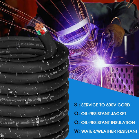 Fifty Foot 6/4 SOOW Heavy Duty Portable Power Cord 50 Amp Six AWG Four Conductor with oil-resistant jacket and insulation.
