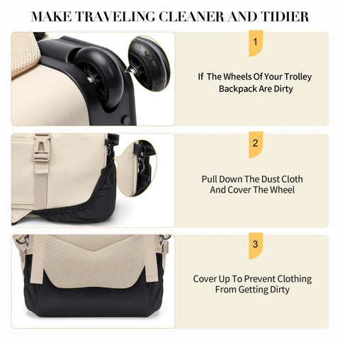 Rolling backpack for women; beige and black travel laptop backpack with wheels and underseat carry-on size.
