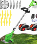 Cordless 21V 4 in 1 Weed Eater With Brush Cutter Edger And Grass Trimmer, green tool with blades, batteries, gloves, and charger