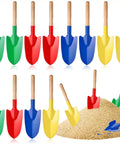 12 Pack Kids Garden Shovels Set With Wooden Handles, 4 colors, mini metal sand shovels for beach and garden displayed in sand.