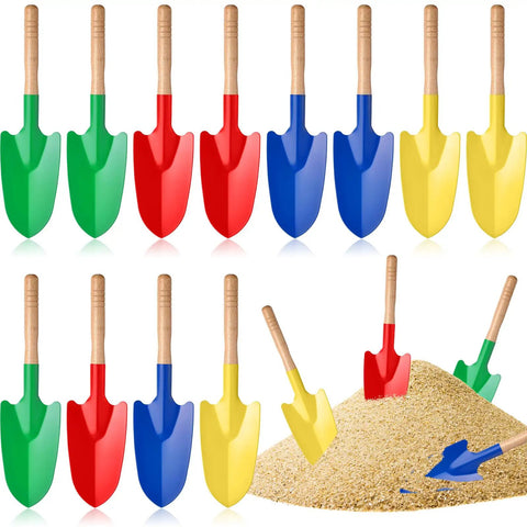 12 Pack Kids Garden Shovels Set With Wooden Handles, 4 colors, mini metal sand shovels for beach and garden displayed in sand.