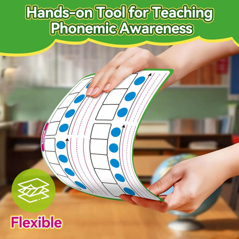 Hands bending Phonemic Awareness Dry Erase Flash Cards Set For Phonics Practice With Elkonin Boxes in a classroom setting