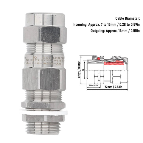 Front view of 304 stainless steel dual-seal armored cable gland with threaded ends for electrical junction boxes