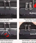 Fireproof File Organizer Bag With Lock Water Resistant Document Safe showing lock buttons and setup instructions