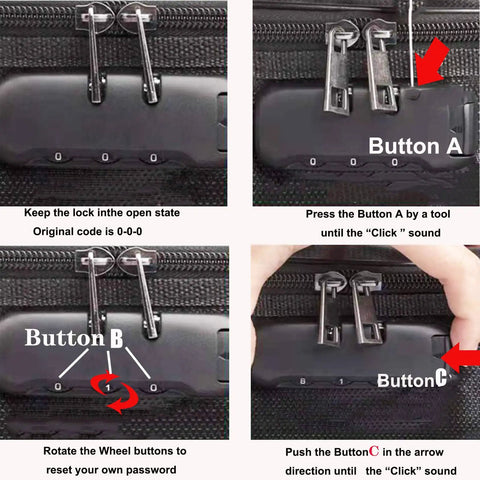 Fireproof File Organizer Bag With Lock Water Resistant Document Safe showing lock buttons and setup instructions