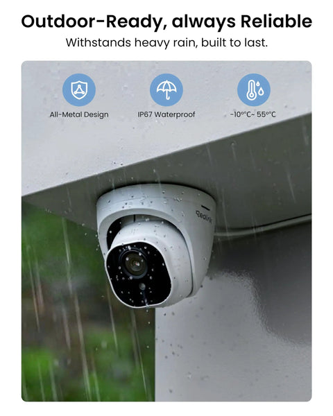 4K Security Camera System With 4 Turret PoE Cameras And 8 Channel NVR 2TB HDD installed outdoors in rainy conditions