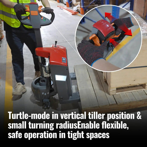 MechMaxx 3300lb Lithium Electric Pallet Jack with vertical tiller mode for safe operation in tight spaces.