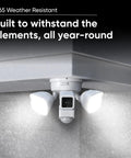 Image of Smart Floodlight Security Camera With 2600 Lumens, 1080P HD, Outdoor IP65 Weatherproof, mounted under eaves in rainy weather.