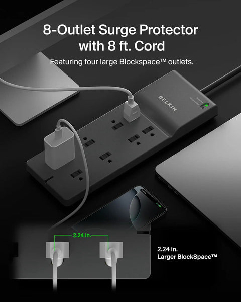 Eight Outlet Surge Protector With Eight Foot Flat Plug 2500 Joules Of Protection UL Listed Heavy Duty Extension Cord shown in use