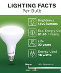 Image of a Boss Level Bright BR40 LED Flood Light Bulb with brightness details: 1400 lumens, 16W, 2700K warm light, 23-year lifespan.