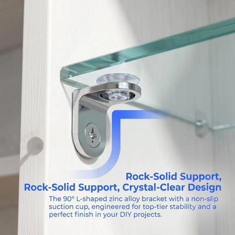 90-degree L-shaped zinc alloy bracket with suction cup supporting glass shelf, ideal for 5mm Shelf Pegs 16 Pack Screw In Shelf Pins