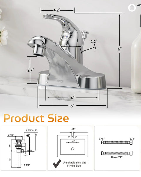 Single Handle Low Arc Bathroom Faucet With Lift Rod Drain Assembly 4 Inch Centerset Chrome Vanity Tap Basin Mixer 304 Stainless Steel Sleek Modern Design Easy Install 1.2 GPM with measurements and sink compatibility diagram.