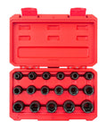Beast Mode Half Inch Drive Shallow 6-Point Impact Socket Set With Case, 17-Piece, 8-24 mm, displayed in red carrying case
