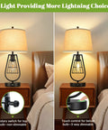 Industrial Touch Table Lamps With USB Port, 3-Way Dimming, Cream Fabric Shades, Black Metal Bases on nightstands