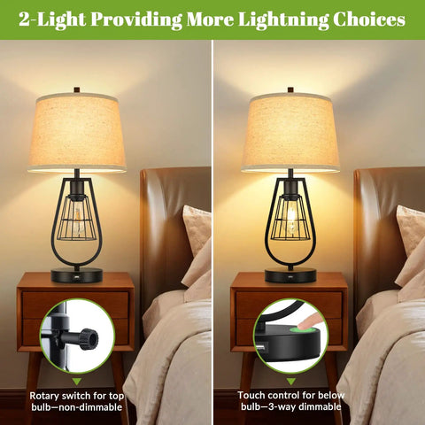 Industrial Touch Table Lamps With USB Port, 3-Way Dimming, Cream Fabric Shades, Black Metal Bases on nightstands