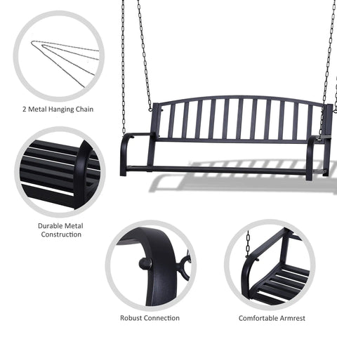 Two Person Front Porch Swing Bench For Outdoor Chill Sessions, Heavy Duty Steel Swing Chair With Solid Chains, Seats Two Adults, 528 Lb Weight Capacity, Black Finish For Backyard, Deck, Or Patio Hangouts showing details of chains and armrest.