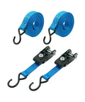 Lock It Down Pat With These Tangle Free Anti Theft Ratchet Straps 2 Pack Featuring Keyed Locks Cut Resistant Webbing and A Comfy Grip for Secure Heavy Duty Tie Downs That Keep Things Tight, showing blue straps with hooks.