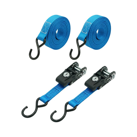 Lock It Down Pat With These Tangle Free Anti Theft Ratchet Straps 2 Pack Featuring Keyed Locks Cut Resistant Webbing and A Comfy Grip for Secure Heavy Duty Tie Downs That Keep Things Tight, showing blue straps with hooks.