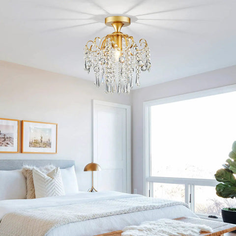 Small Crystal Ceiling Light Fixture Semi Flush Mount Chandelier For Dining Room Hallway Bedroom Bathroom Kitchen Gold Finish Bulb Not Included