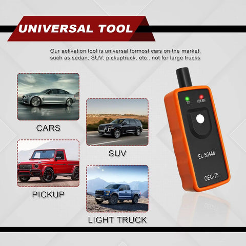 Keep Your Ride Rolling Smooth On Any Street With This Straight Up Bulletproof Tire Pressure Monitor And TPMS Reset Tool For GM Chevy Buick EL50448 Models, showing tool for cars, SUVs, pickups, and light trucks.