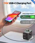 Smartphone charging via Your Go To 70W Travel Power Adapter Universal Worldwide Plug with Type A And C by airplane window
