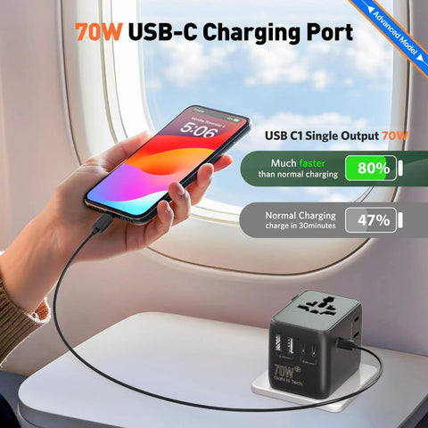 Smartphone charging via Your Go To 70W Travel Power Adapter Universal Worldwide Plug with Type A And C by airplane window