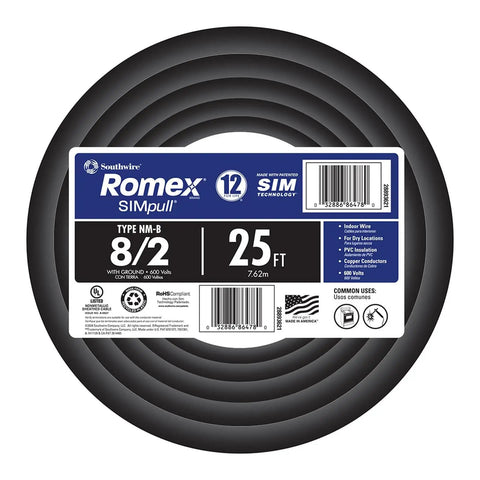 8/2 AWG NM-B With Ground Romex Cable 25 Ft Black Nonmetallic Sheathed Copper Wire For Dry Indoor Use 600V UL Listed CSA Certified
