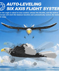 Remote Control Eagle Plane with 6 Axis Gyro Stabilization in flight, demonstrating auto-leveling system against blue sky background.