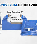 Blue Beefy 6 Inch Bench Vise With Swivel Base And Anvil, Ductile Iron Construction, 5 Inch Jaw Opening, 2.7 Inch Throat Depth