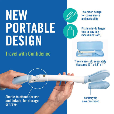 Portable Travel Toilet Aid With 17 Inch Reach And Easy Attach Detach 2 Piece System shown with sanitary tip cover.