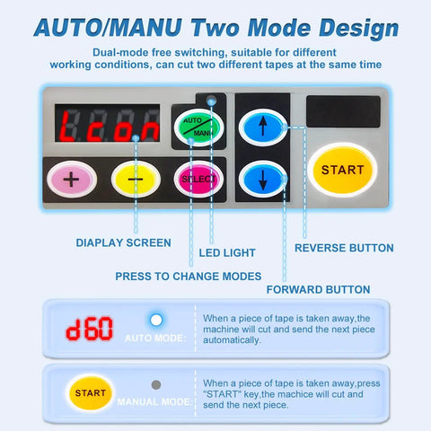 Interface of Automatic Tape Dispenser And Ribbon Cutter With Smart Sensor And Memory Function 999mm Cut Length showing controls