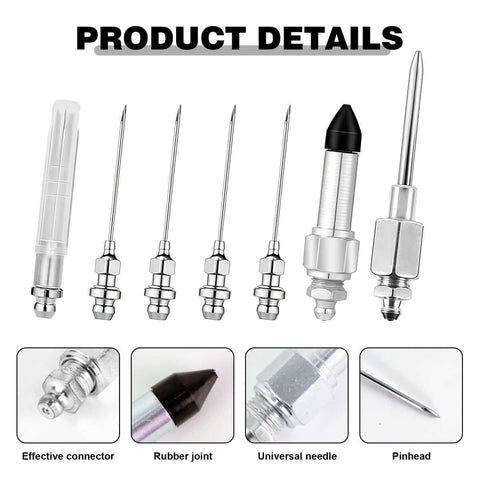 Grease Gun Needle Tip Kit 7 Piece Set With 5 Needle Nozzles 1 Dispenser And 1 Rubber Nipple Adapter For Narrow Spaces Precision Lubrication Tool Set For Tight Spots And Hard To Reach Joints, includes close-up of components