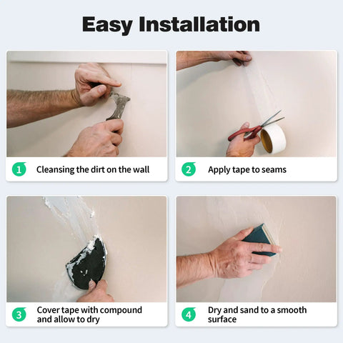 Step-by-step installation of Fiberglass Mesh Drywall Tape For Quick Crack Repair Self Adhesive 1.97 Inch By 150 Foot Sheetrock Joint Tape