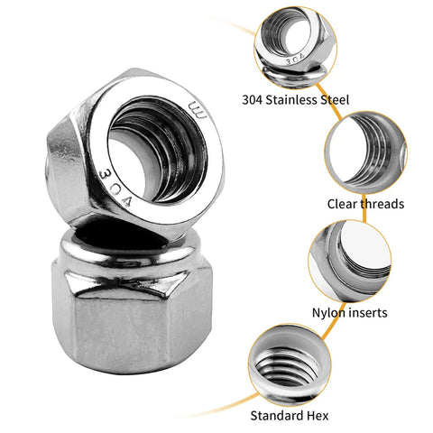 M2 0.4mm Nylon Insert Lock Nuts 304 Stainless Steel A2-70 Hex Nylock Nuts Coarse Thread Set features and details
